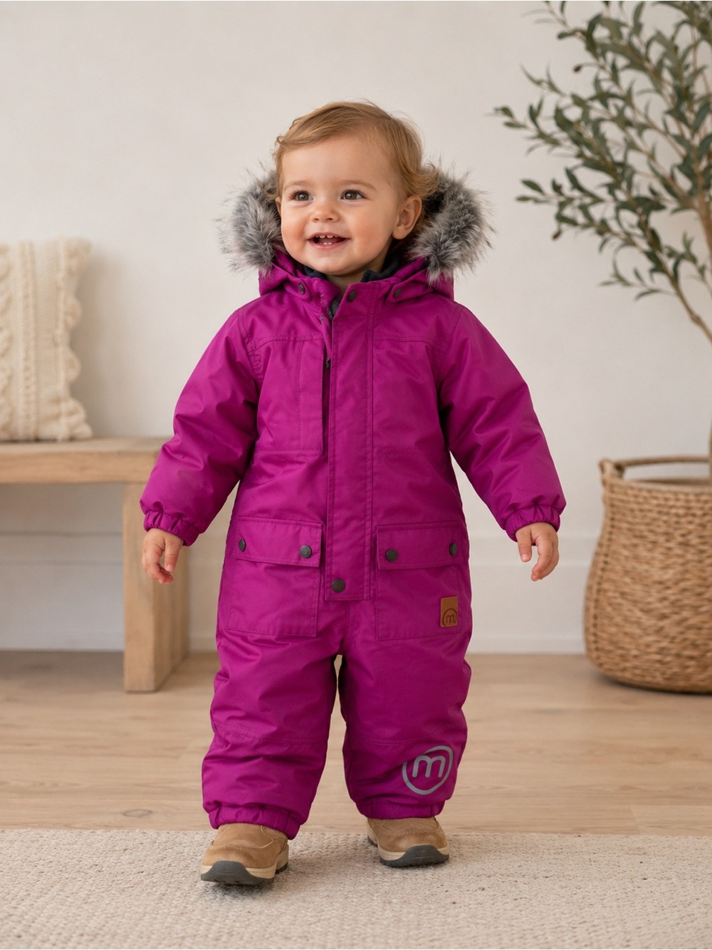 Baby Snowsuit 12M Pink Winter One Piece Hooded Faux Fur Warm